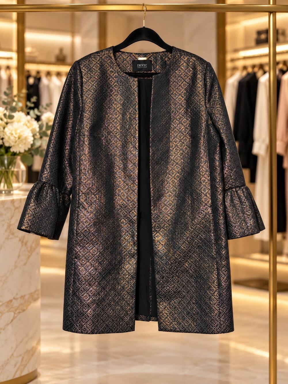 IMNYC XL Metallic Jacquard Open Front Longline Blazer Flounce Sleeves Pockets